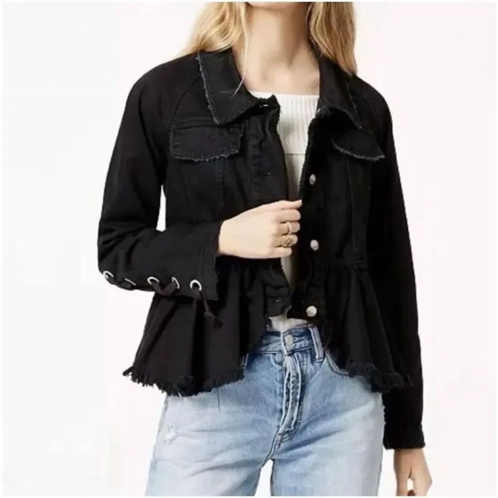 Free People Willow Black Denim Jacket Peplum Raw Hem Lace Up Cuff Military Mediu